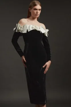 Velvet Off The Shoulder Bodycon Woven Midi Dress With Taffeta Rosette