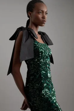 Velvet Sequin Woven Mini Dress With Taffeta Tie Detail