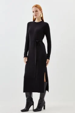 Viscose Blend Belted Knitted Midi Dress