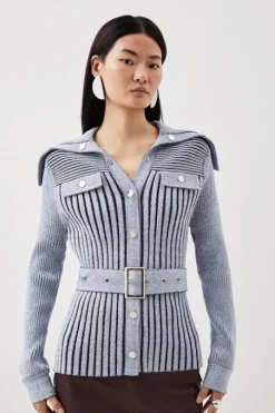 Viscose Blend Belted Utility Chambray Rib Knit Cardigan