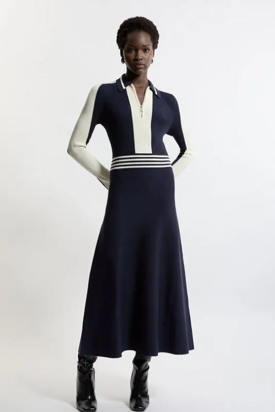 Viscose Blend Color Block Knit Midaxi Dress