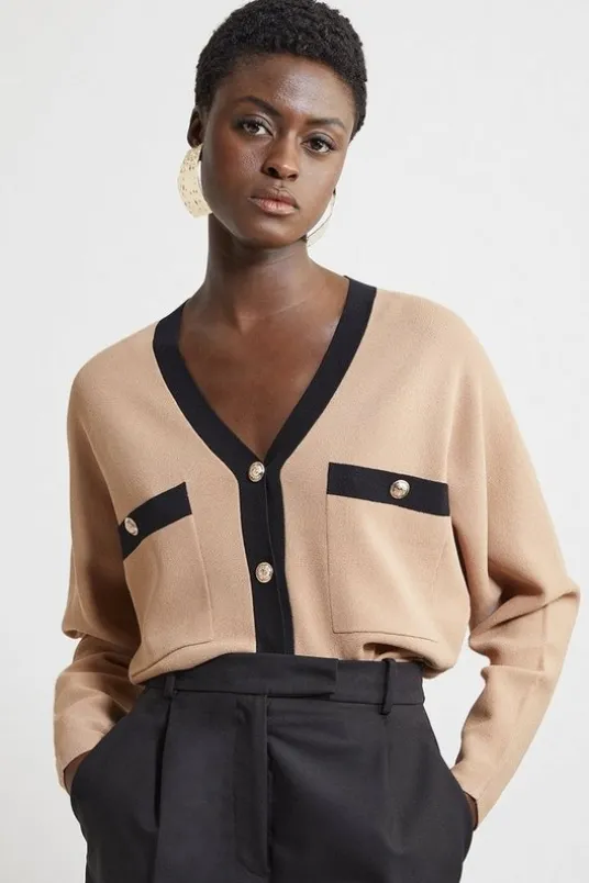 Viscose Blend Contrast Knit Boxy Cardigan