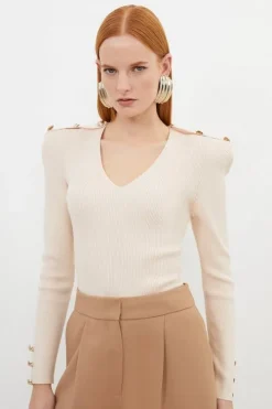 Viscose Blend Dry Handle Rib V Neck Military Trim Knit Top