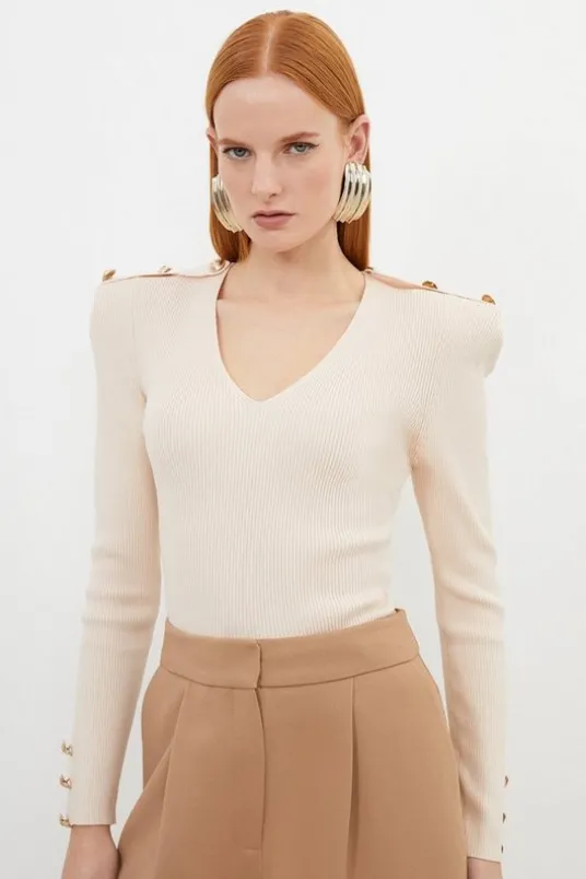 Viscose Blend Dry Handle Rib V Neck Military Trim Knit Top