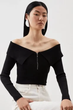 Viscose Blend Front Zip Off The Shoulder Longline Sweater