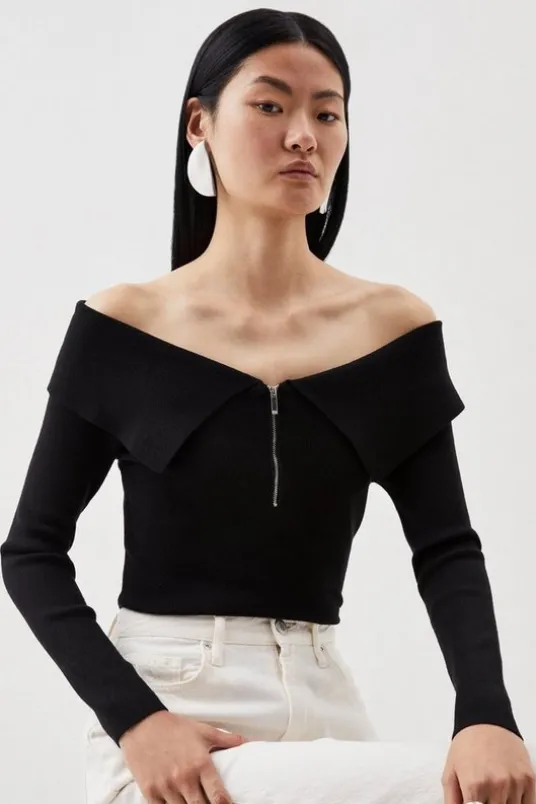 Viscose Blend Front Zip Off The Shoulder Longline Sweater