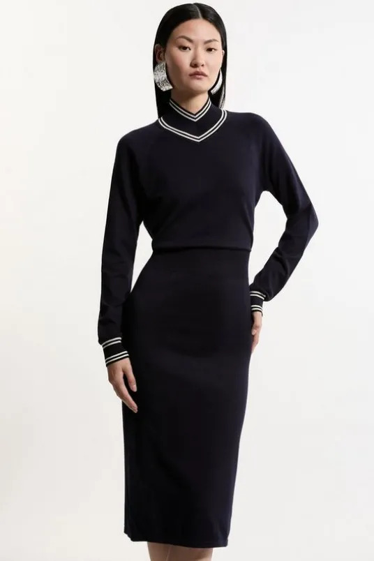Viscose Blend High Neck Knit Midi Dress
