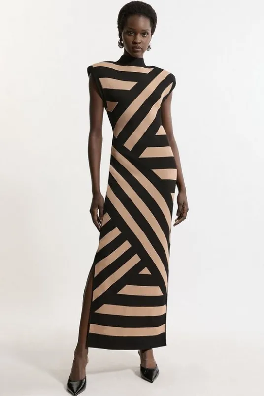 Viscose Blend Jacquard Stripe Power Shoulder Knit Midaxi Dress
