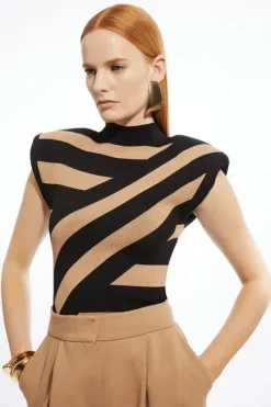 Viscose Blend Jacquard Stripe Power Shoulder Knit Top