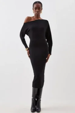 Viscose Blend Knit Asymmetric Neck Midi Dress