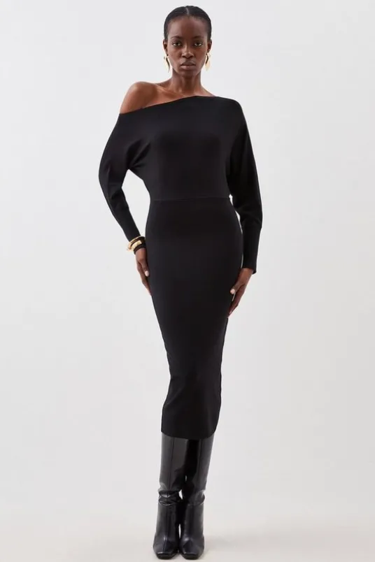 Viscose Blend Knit Asymmetric Neck Midi Dress
