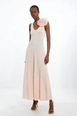 Viscose Blend Knit Corsage Detail Maxi Dress