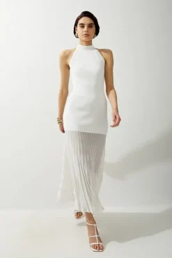 Viscose Blend Knit Halter Neck Sheer Skirt Maxi Dress