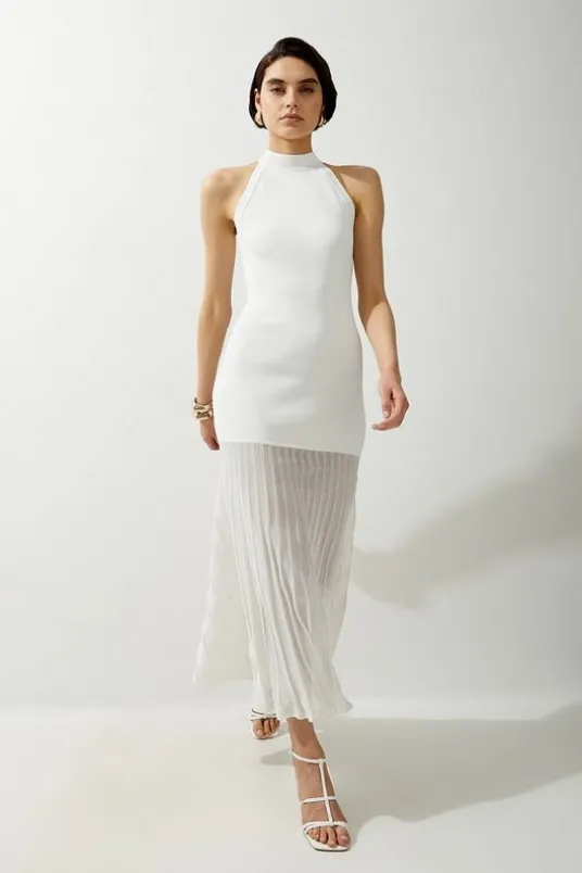 Viscose Blend Knit Halter Neck Sheer Skirt Maxi Dress