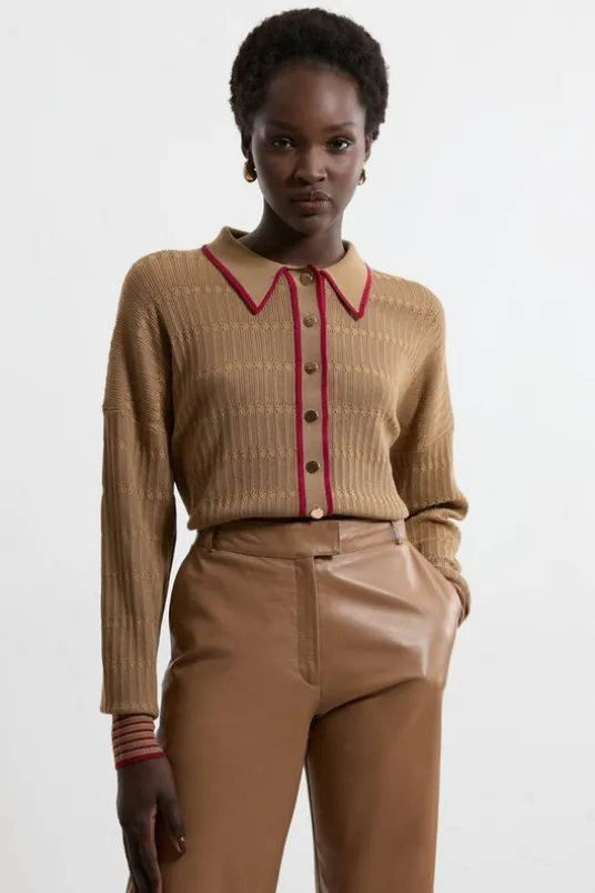 Viscose Blend Knit Preppy Stitch Detail Cardigan