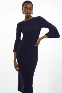 Viscose Blend Look Knit Midi Dress With Fluted Sleeve