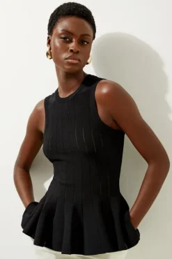 Viscose Blend Pointelle Detail Knit Racer Peplum Top