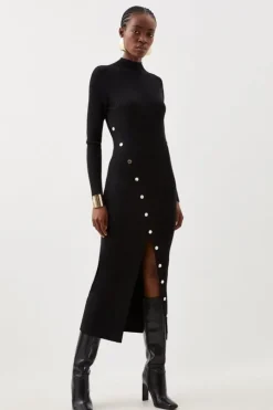 Viscose Blend Popper Detail Split Knit Midaxi Dress