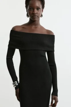 Viscose Blend Rib Detail Off The Shoulder Knit Midi Dress