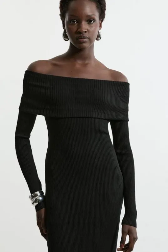 Viscose Blend Rib Detail Off The Shoulder Knit Midi Dress