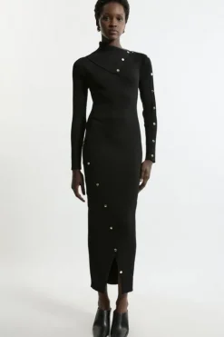 Viscose Blend Rib Envelope Neck Knit Midi Dress