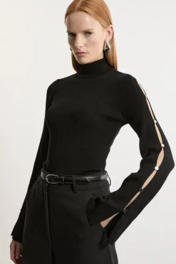 Viscose Blend Rib Knit Button Detail Top