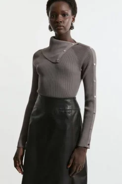 Viscose Blend Rib Knit Envelope Neck Top