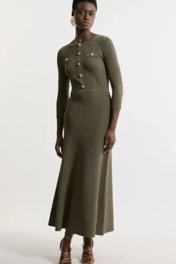 Viscose Blend Rib Knit Military Sleeveless Midaxi Dress