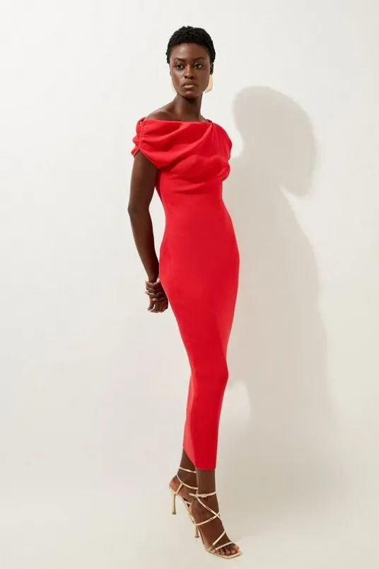 Viscose Blend Rib Knit Off The Shoulder Midaxi Dress