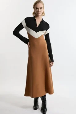 Viscose Blend Rib Knit Polo Top Midaxi Dress