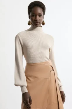 Viscose Blend Rib Knitted Funnel Sweater