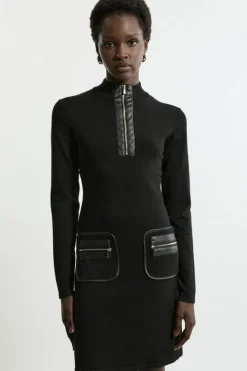 Viscose Blend Rib Mini Pu Detail Dress