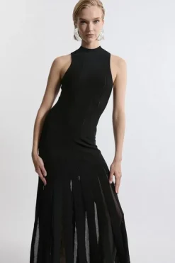 Viscose Blend Sheer Detail Full Skirt Knit Midi Dress