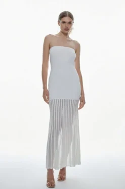 Viscose Blend Sheer Knit Bandeau Pleated Skirt Midaxi Dress