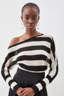 Viscose Blend Sheer Knit Slinky Asymmetric Blouson Top