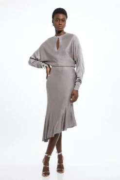 Viscose Blend Slinky Jacquard Asymmetric Knit Midi Dress