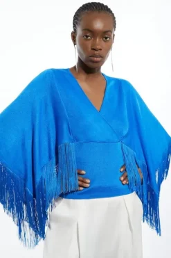 Viscose Blend Slinky Knit Kimono Tassel Top