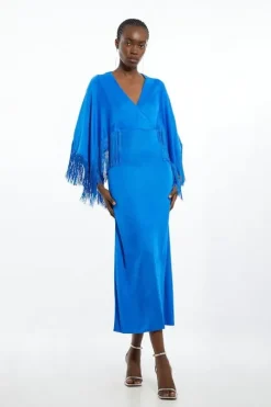 Viscose Blend Slinky Knit Fringed Kimono Sleeve Midaxi Dress