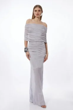 Viscose Blend Slinky Sheer Knit Off The Shoulder Maxi Dress