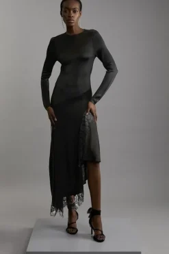 Viscose Blend Slinky Sheer Lace Detail Asymmetric Knit Midaxi Dress