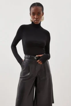 Viscose Blend Turtleneck Thumbhole Cuff Knit Sweater