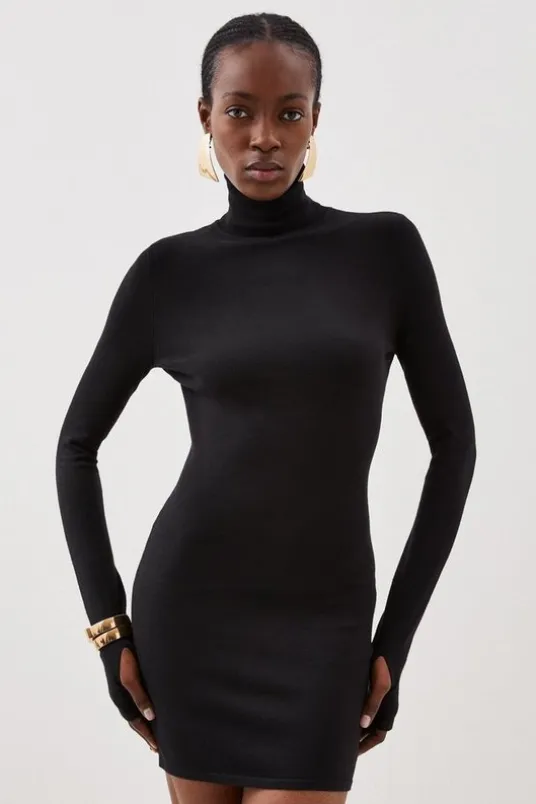 Viscose Blend Turtleneck Thumbhole Cuff Knit Mini Dress
