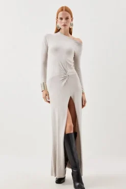 Viscose Blend Twist Knot Cold Shoulder Knitted Maxi Dress