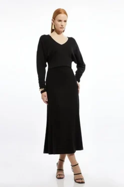 Viscose Blend V Neck Knit Midi Dress