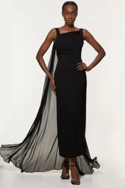 Viscose Cady Backless Bodycon Maxi Dress With Detachable Viscose Georgette Cape