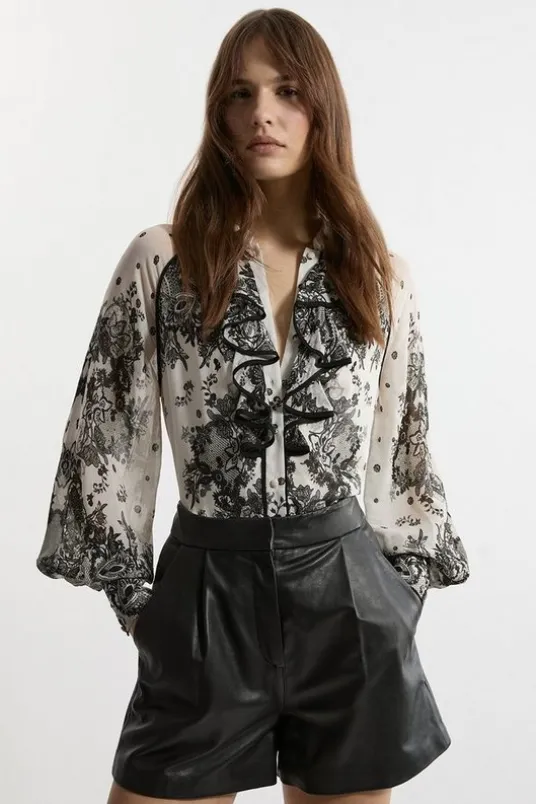 Viscose Crinkle Placed Lace Printed Blouse