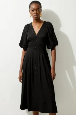 Viscose Linen Puff Sleeve Bow Detail Midaxi Dress