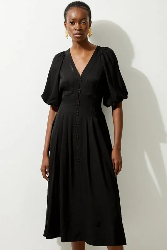 Viscose Linen Puff Sleeve Bow Detail Midaxi Dress