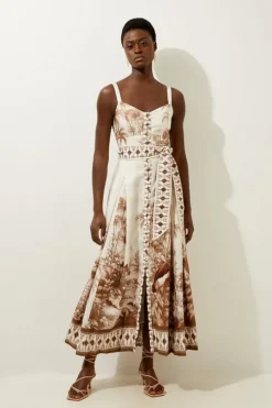 Viscose Linen Scenic Placed Print Strappy Woven Midi Dress