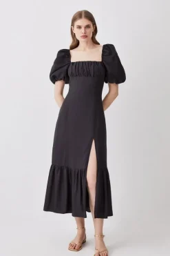 Viscose Linen Woven Puff Sleeve Midi Dress